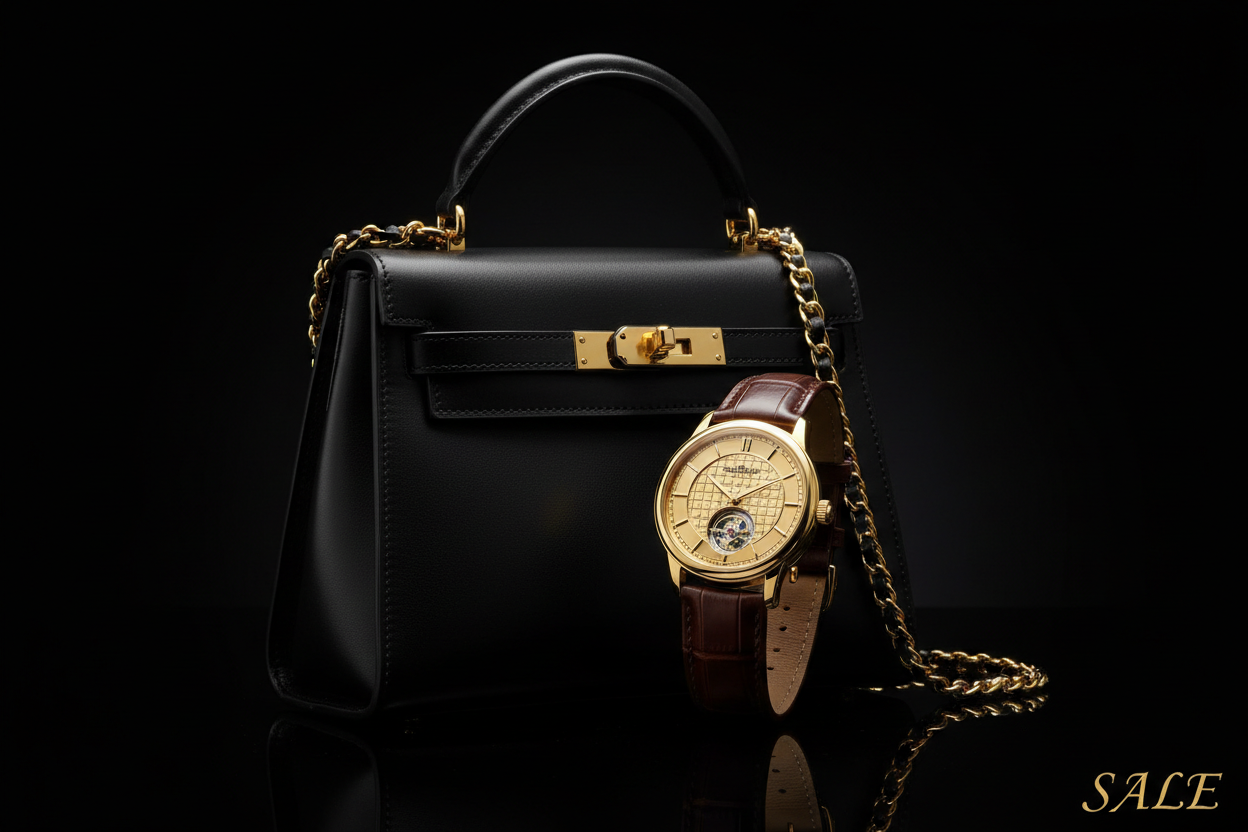 luxury watches and handbags on dark theme on sale